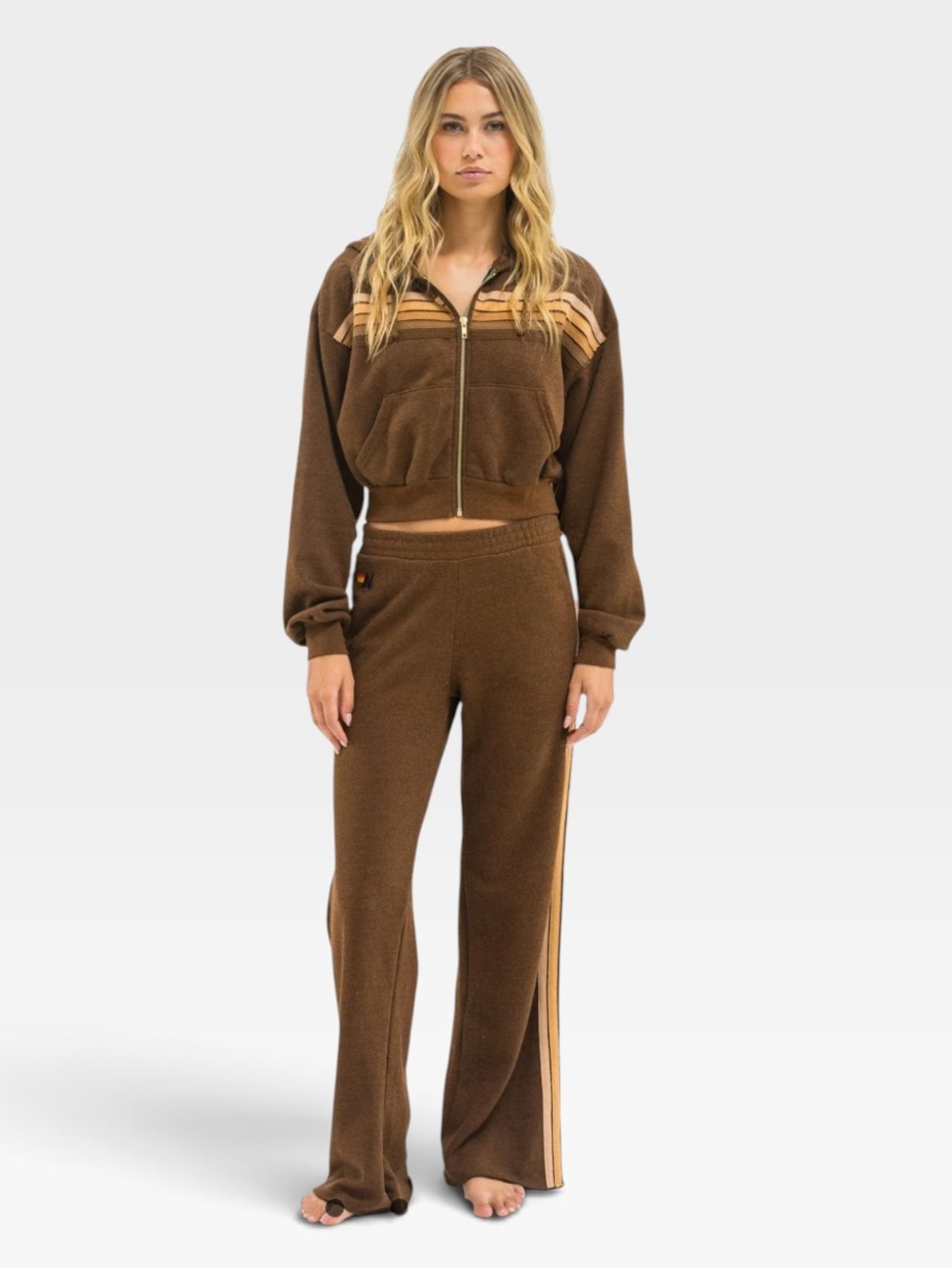 Aviator Nation 5 Stripe Cropped Zip Hoodie Chocolate Espresso Size M NWT - Picture 6 of 9